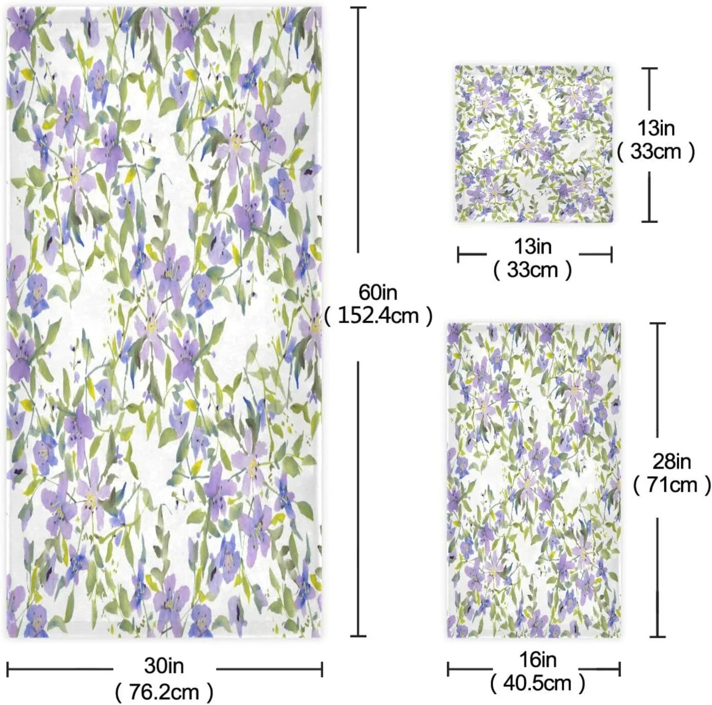 Wellsay Purple Flowers Bath Towel Set of 3, Highly Absorbent & Soft Bathroom Towels Set Quick Dry Towels Set for Bathroom Spa Beach (1 Bath Towels, 1 Hand Towel, 1 Washcloth)