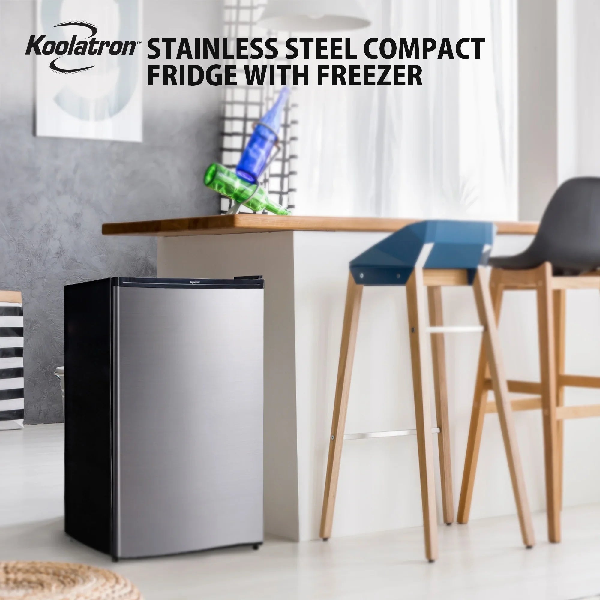 Koolatron Stainless Steel Compact Fridge with Freezer 4.4 Cu Ft (124L) Refridgerator