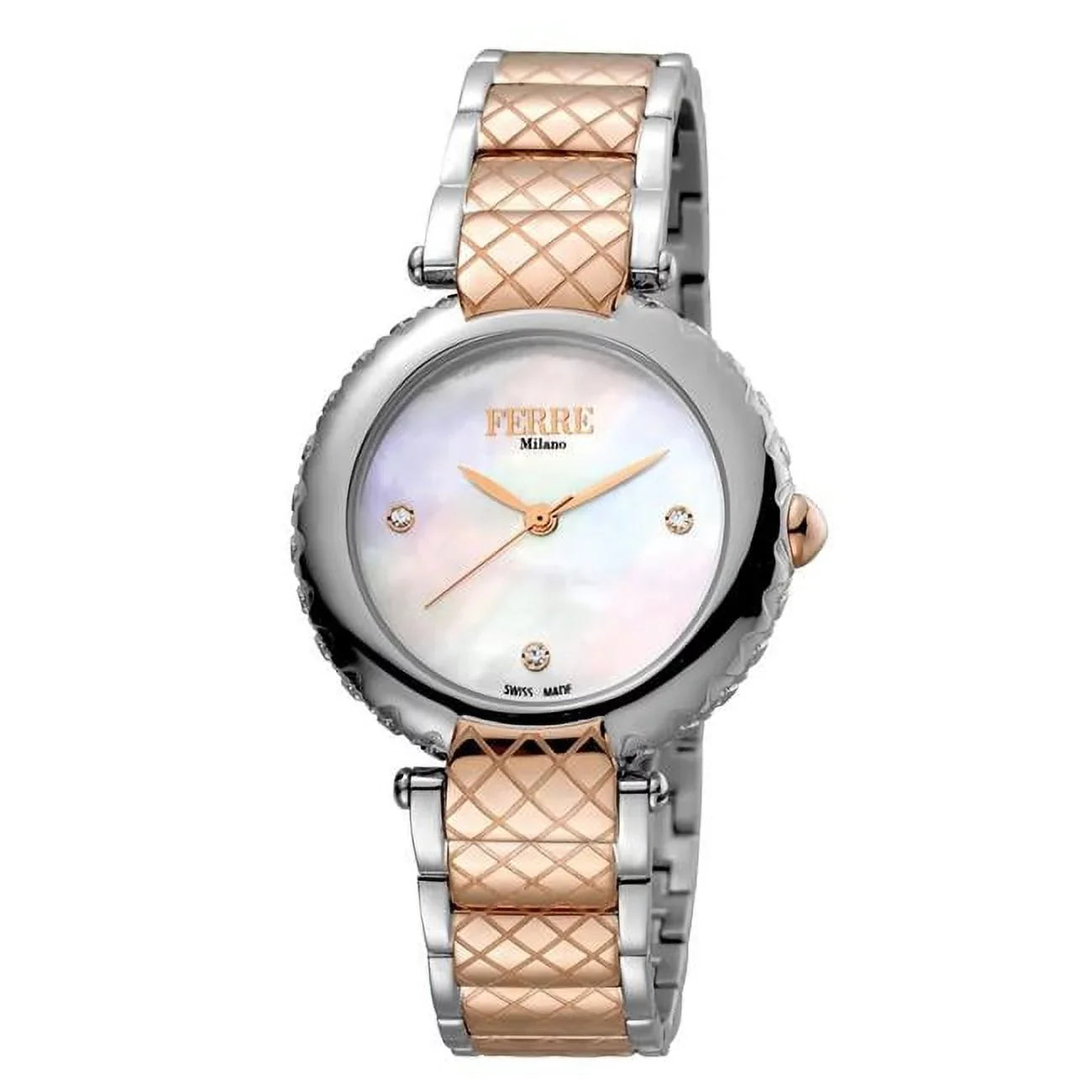 Womens Swiss Made Quartz Two Tone Rose Gold Bracelet Watch with White Mother of Pearl Dial