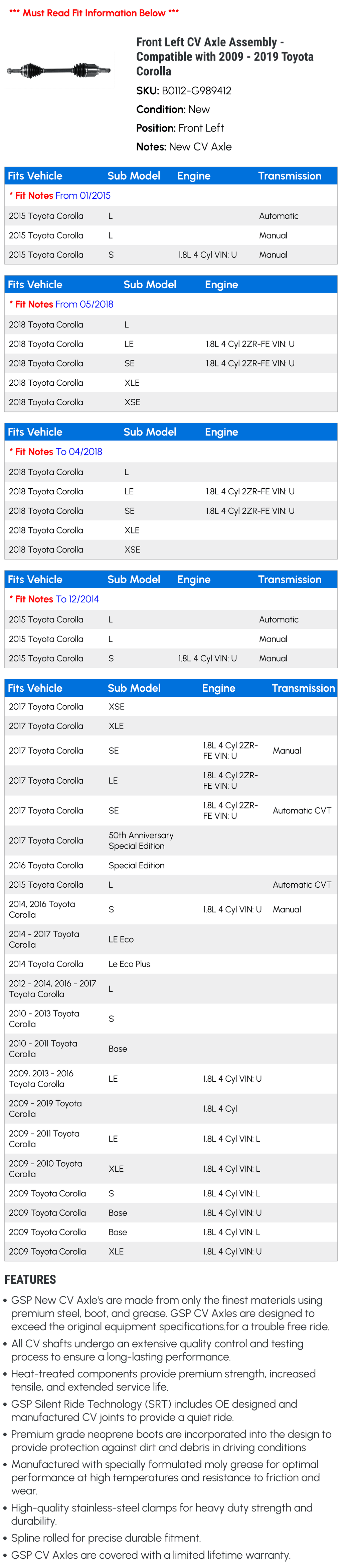 Front Left CV Axle Assembly - Suitable with 2009 - 2019 Toyota Corolla 2010 2011 2012 2013 2014 2015 2016 2017 2018