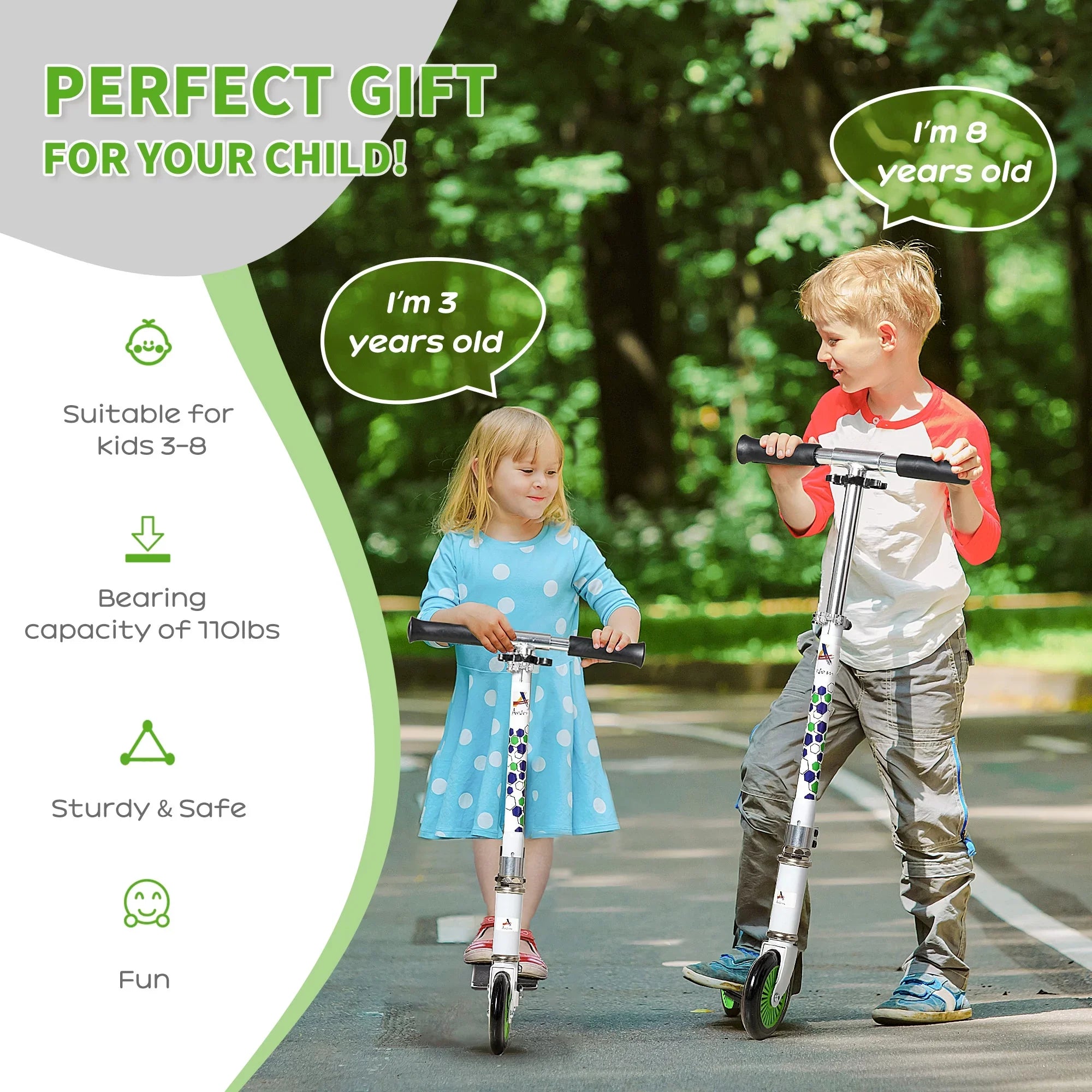 Aosom One-click Folding Kids Kick Scooter w/ Adjustable Handlebar, Push Rider with Kickstand, Dual Brake System, Long-lasting Wheels & Sturdy Bearings, for Boys and Girls, White