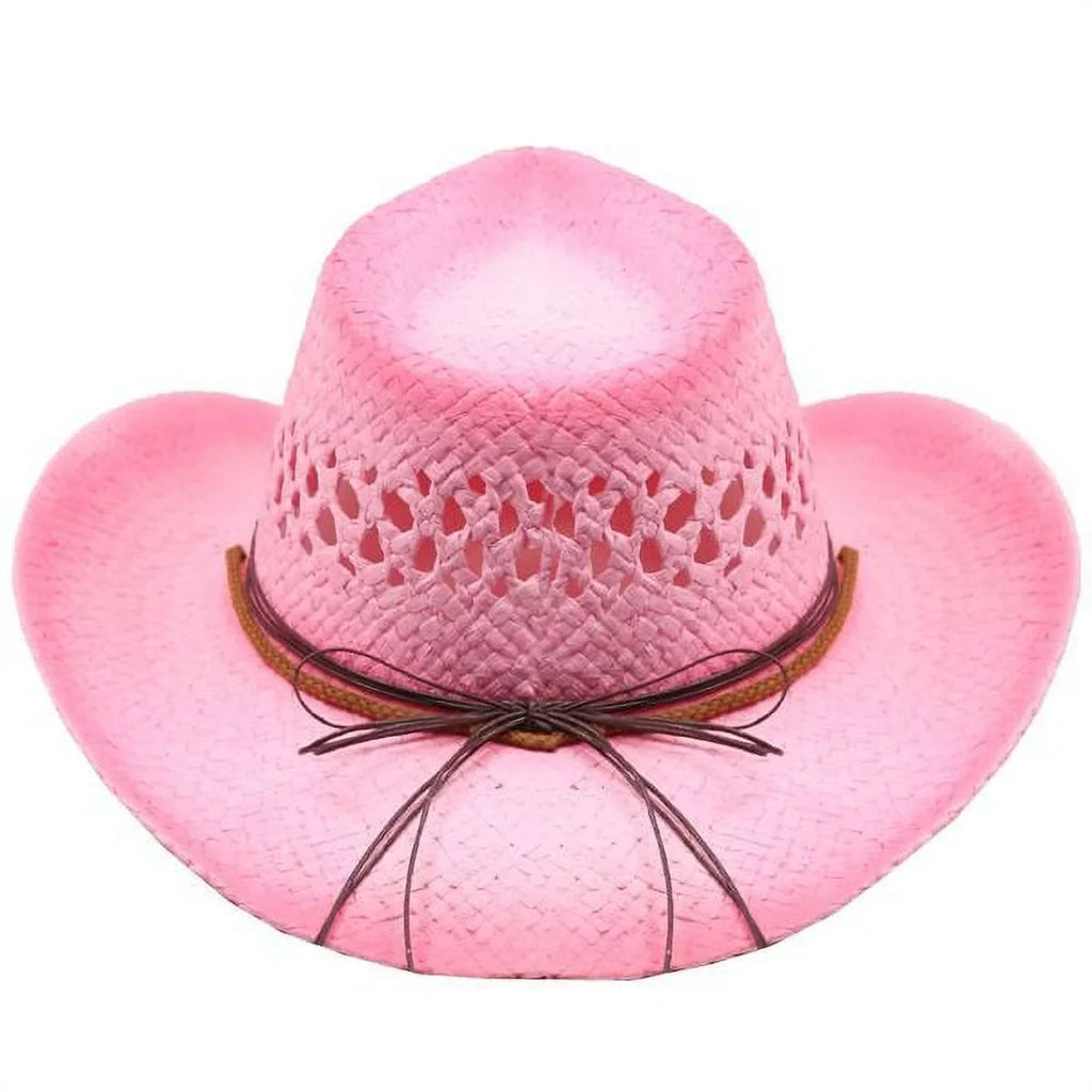 PINK Tea Stain Straw COWBOY HAT w/ Turquoise Blue Beads WOMEN WESTERN Cowgirl Adult size