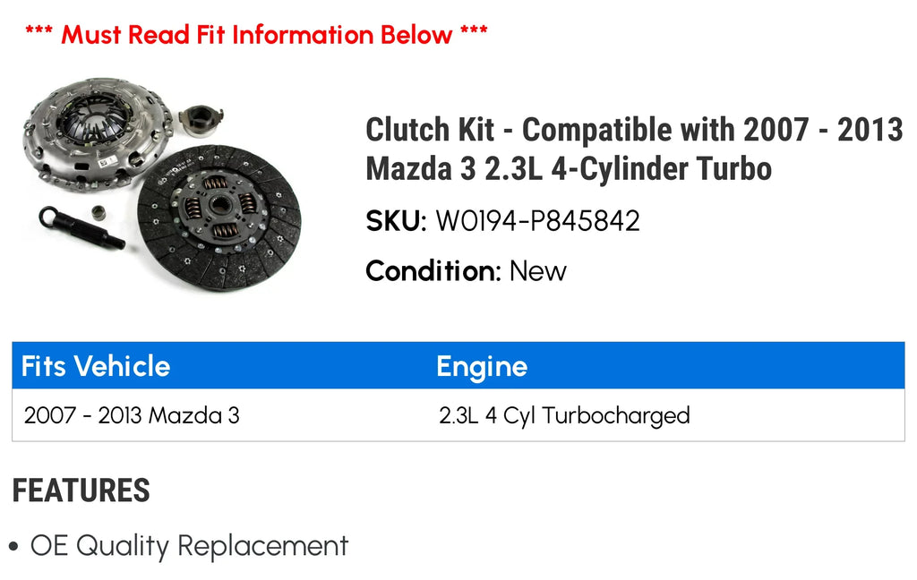 Clutch Kit - Matching with 2007 - 2013 Mazda 3 2.3L 4-Cylinder Turbo 2008 2009 2010 2011 2012