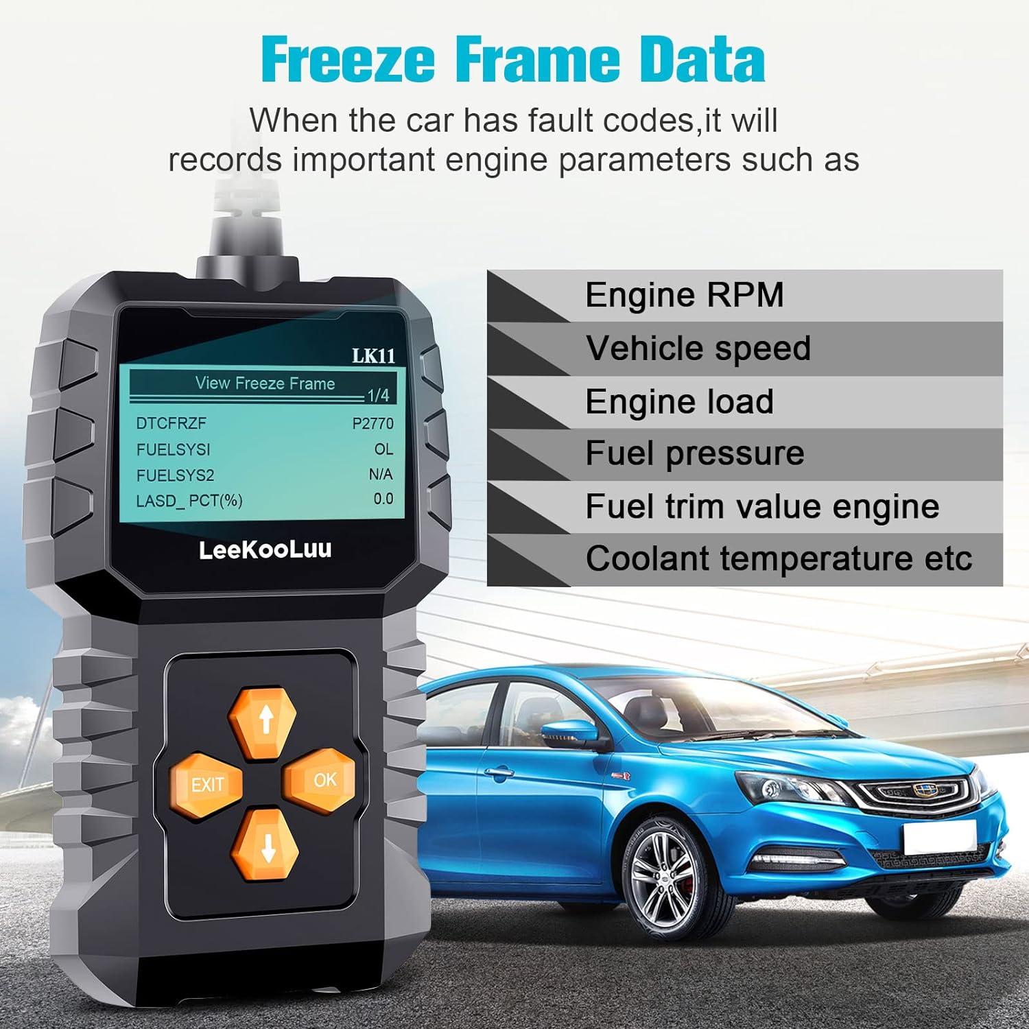 OBD2 Scanner Clear Reset Engine Alert Code - Plug and Play Easy to Setup Use Professional Code Reader Scan Diagnostic for Cars Since 1996 with Freeze Frame/I/M Readiness - LeeKooLuu LK11