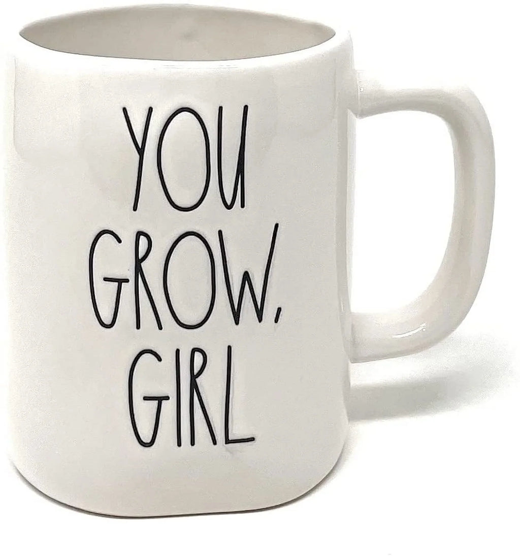 Rae Dunn White YOU GROW GIRL Coffee Tea Double Sided Mug with Cactus Plant Icon on Back