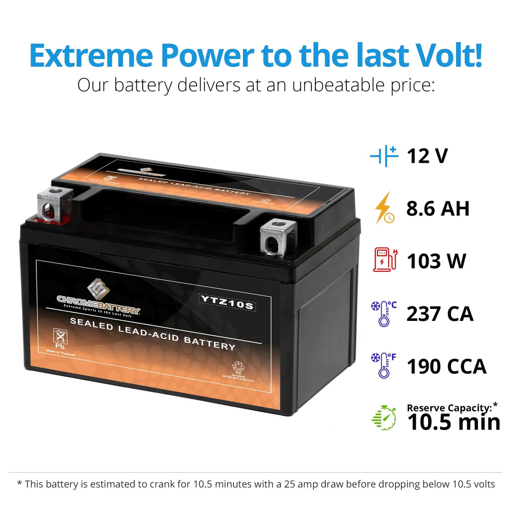 Chrome Battery Ytz10s-bs (ytz10s 12 Volts,8.6 Ah, 190 Cca) Motorcycle Battery for Suzuki Gsx-r1000, A 1000 Cc Years (2005 - 2017)