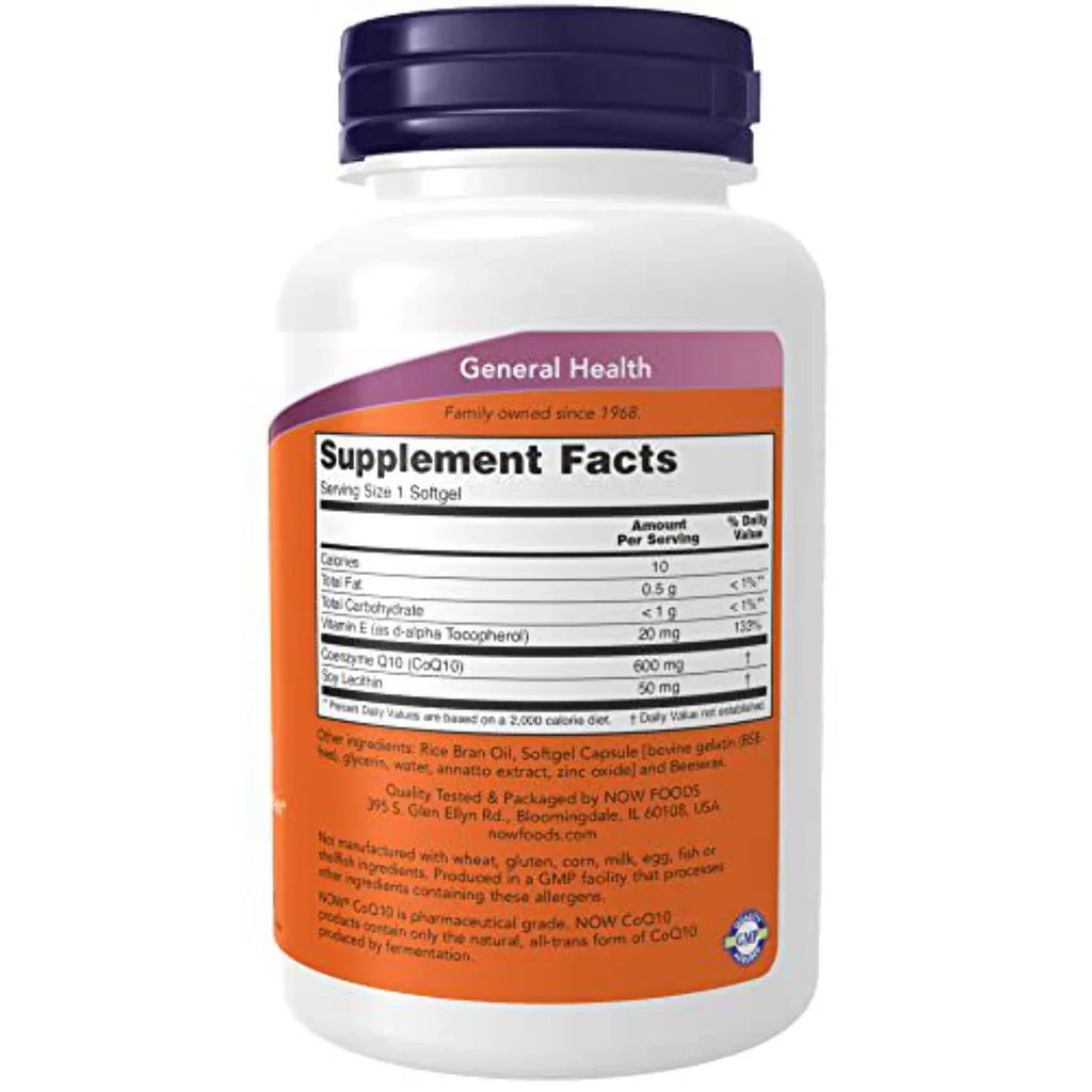 NOW Supplements, CoQ10 600 mg, Maximum Strength with Vitamin E & Lecithin, 60 Softgels