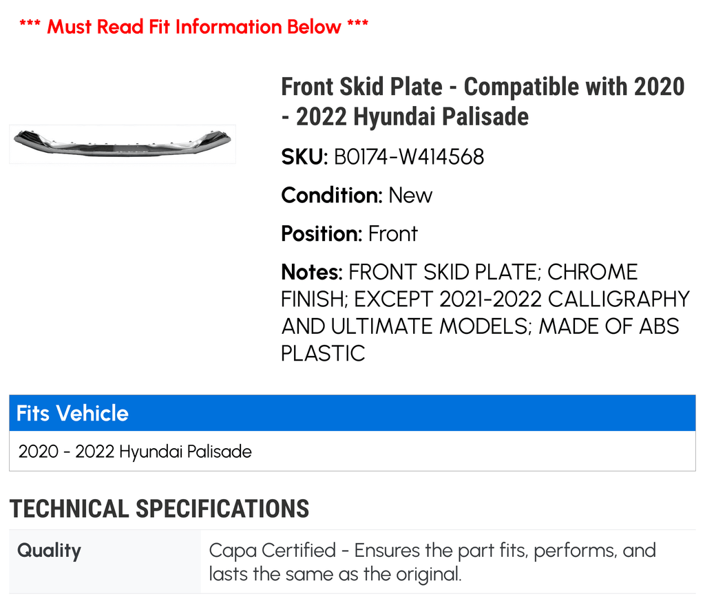 Front Skid Plate - Suitable with 2020 - 2022 Hyundai Palisade 2021