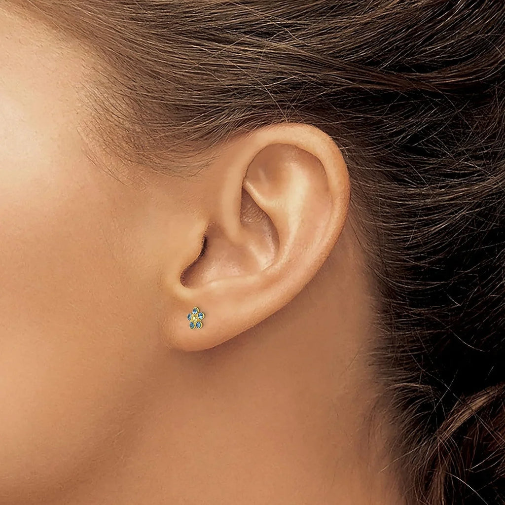 Solid Inverness 14k Yellow Gold Blue/Aurora Borealis Crystal Flower Earrings - 5mm