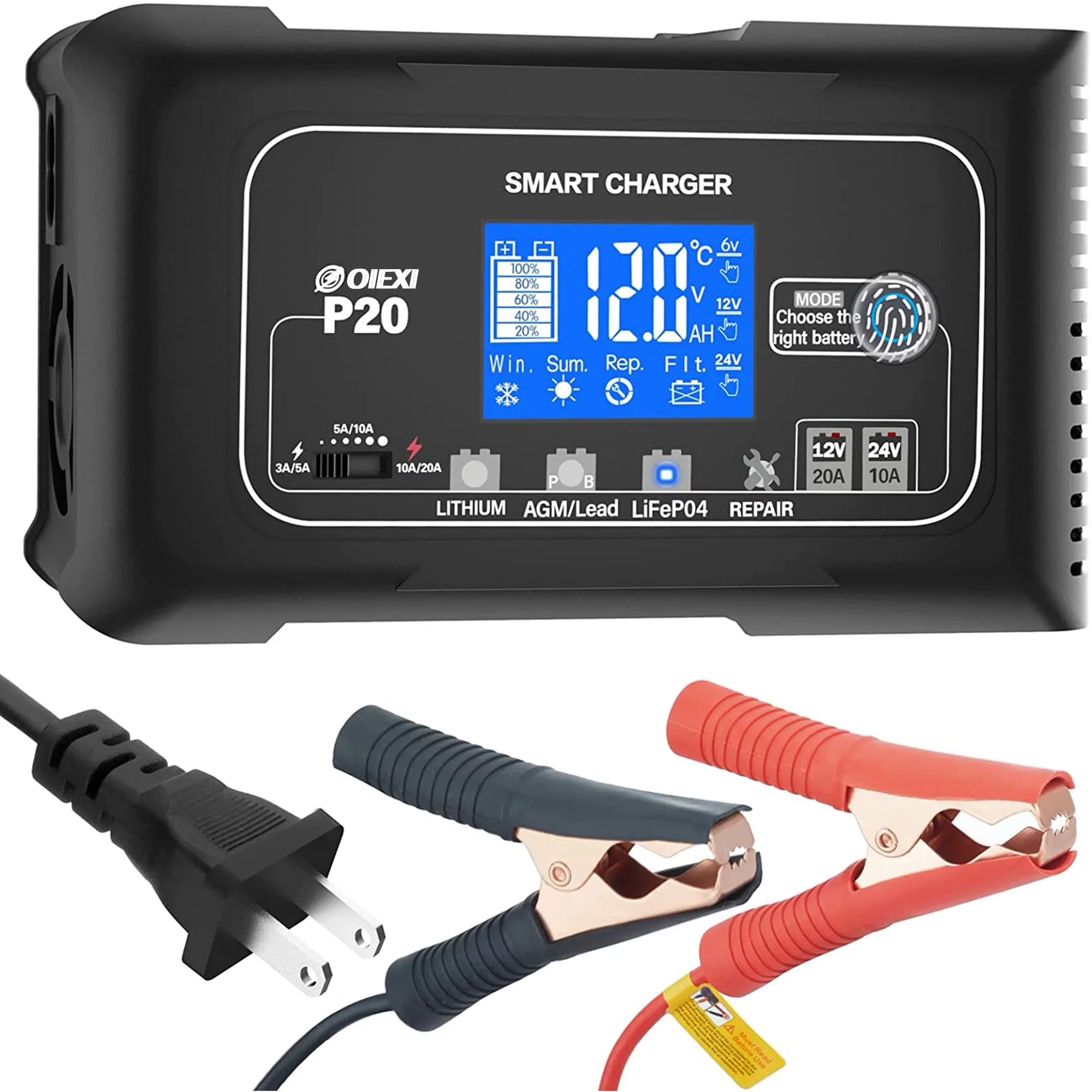 OIEXI 20-Amp Smart Battery Charger,Lithium,LiFePO4,Lead-Acid,Portable Car Battery Charger,Trickle Charger,Maintainer/Deep Cycle Charger,12V/20A and 24V/10A Adjustable,for Vessel Mower,Golf Cart..