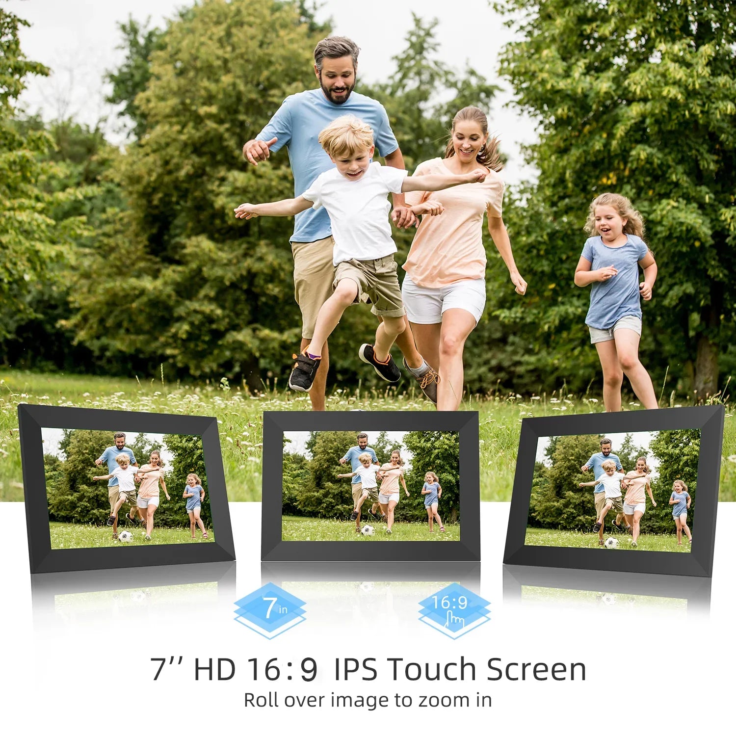 JEEMAK Smart Digital Photo Frame 7" WiFi HD IPS Touch Screen Built-in 16GB Storage Auto-Rotate Easy Share Photos/Videos via App, Email