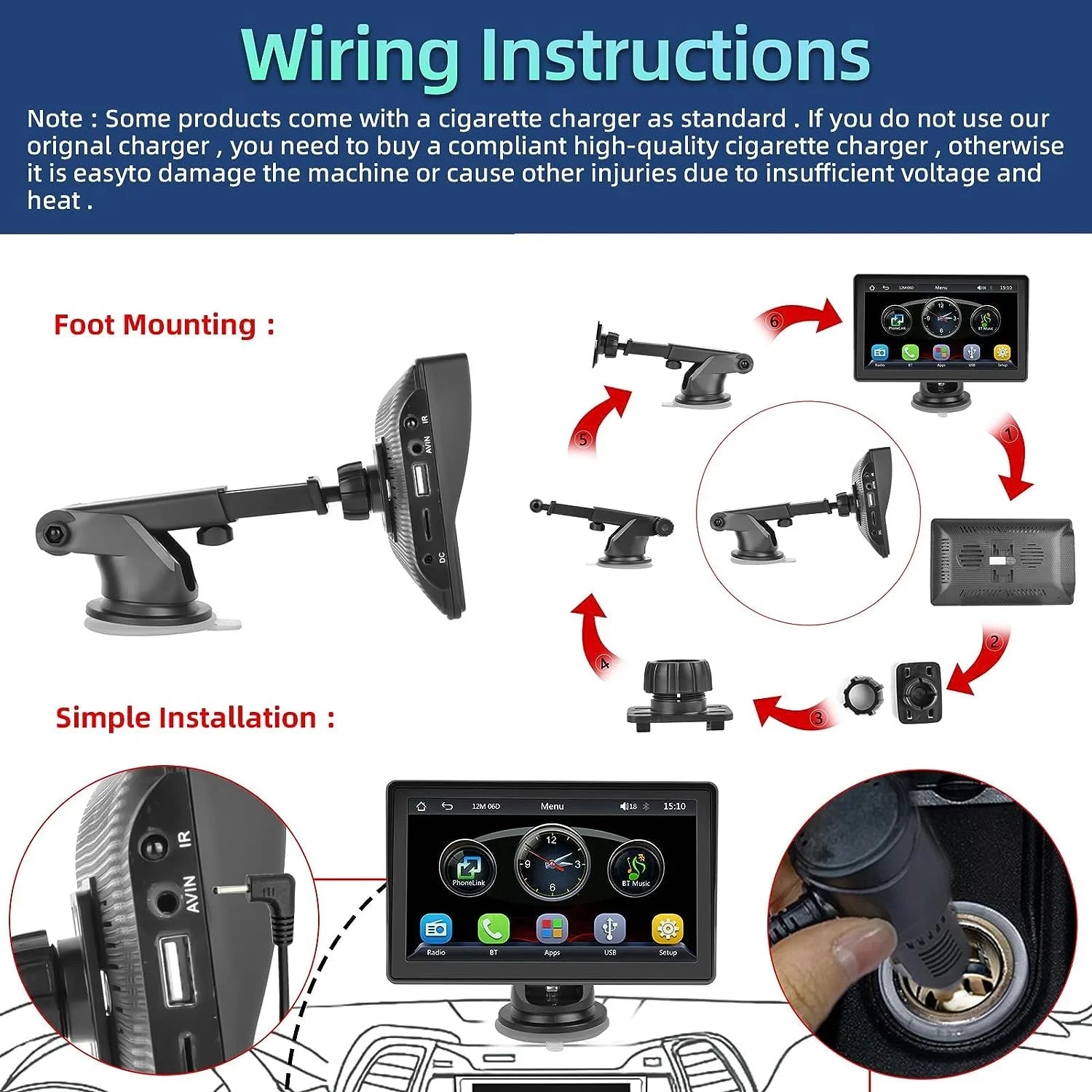 Podofo 12-30V 7" Portable Touch Screen Car Stereo Radio Wireless Carplay Android Auto Mirror Link FM Bluetooth TF/USB for Car Suv Van Pickup, with Backup Camera