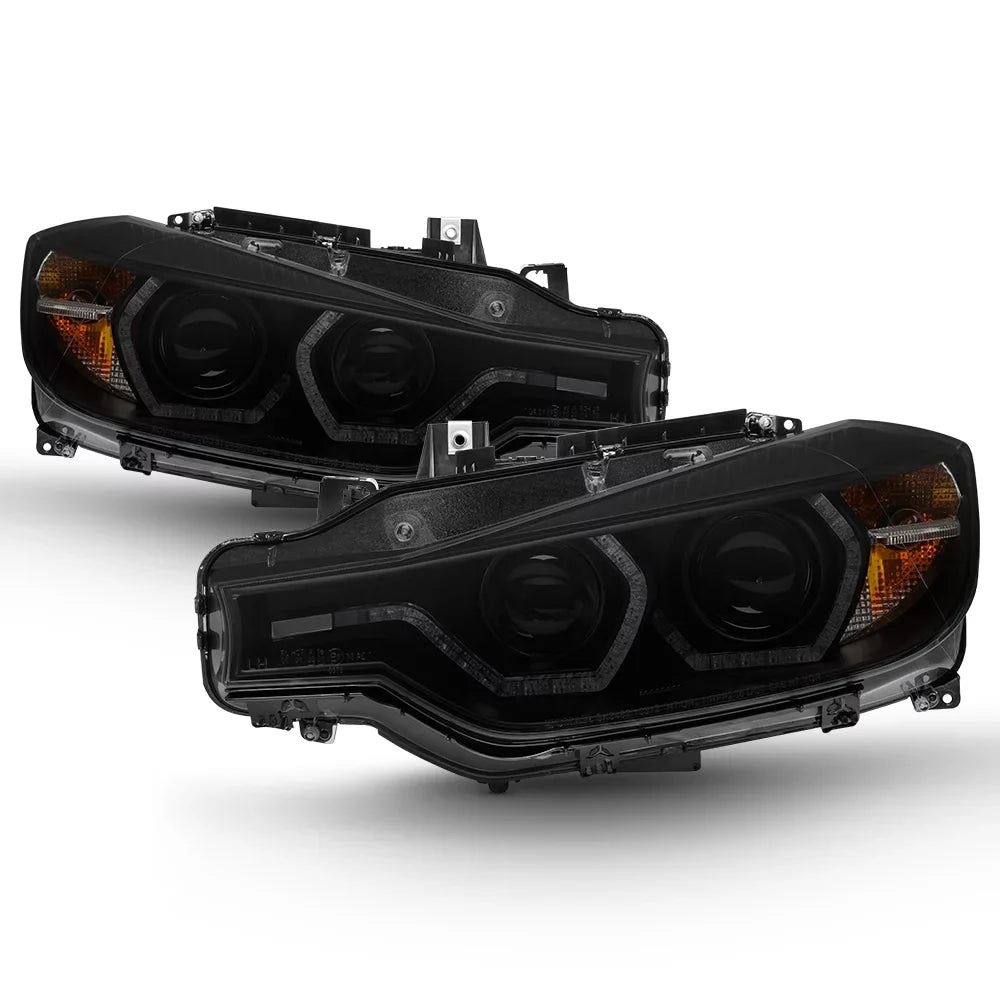 AKKON - For BMW F30 3-Series 4 Doors Sedan Black Smoked Factory Halogen Type Dual U-Halo Ring LED Projector Headlights