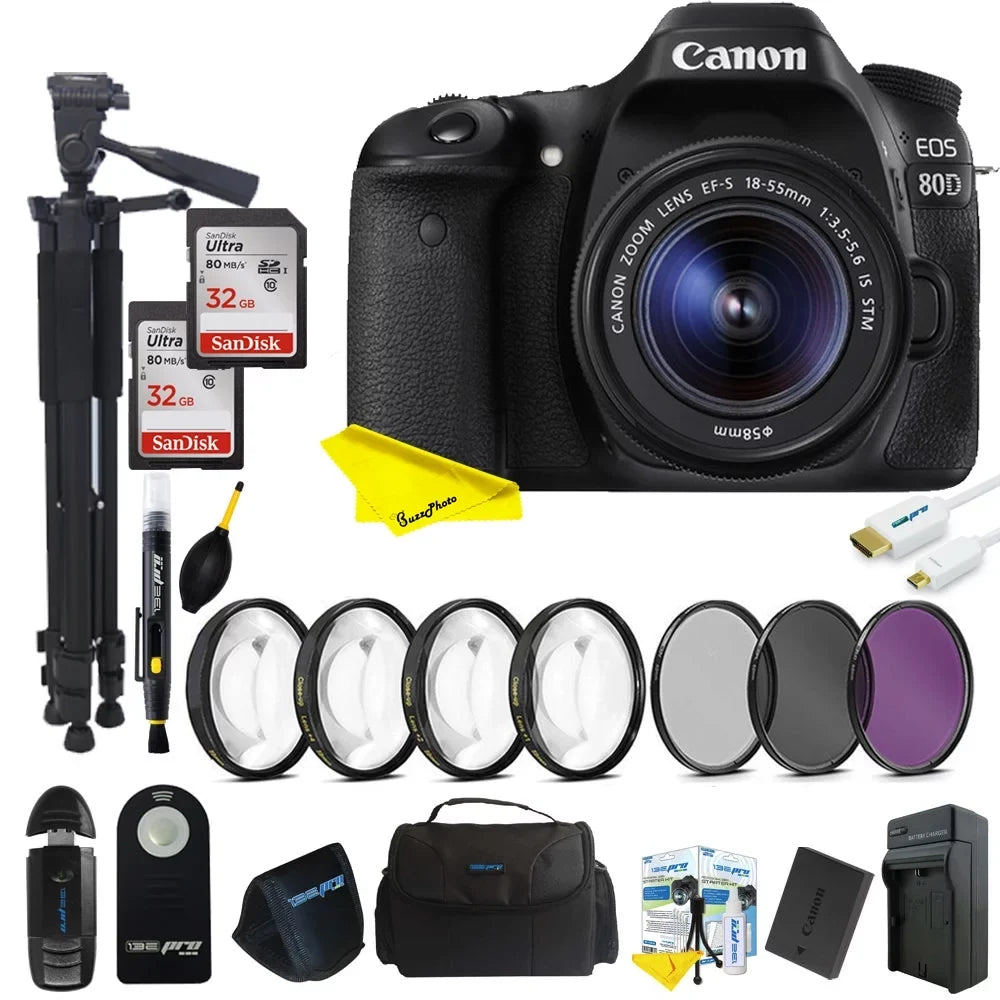 Canon EOS 80D DSLR Camera with 18-55mm Lens + 64GB Buzz-photo Advanced Kit