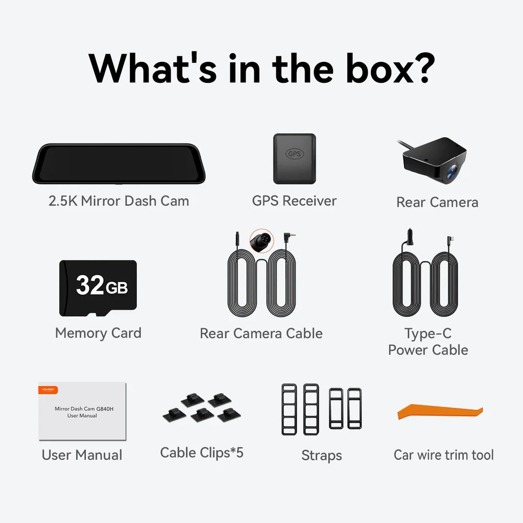 WOLFBOX Rear View Mirror Camera, 2.5K Front and 1080P Rear Camera, 12'' Mirror Dash Cam with Night Vision, Built-in Wi-Fi GPS, Parking Monitor, Free 32GB Card