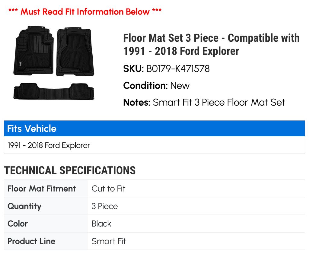 Floor Mat Set 3 Piece - Fitting with 1991 - 2018 Ford Explorer 1992 1993 1994 1995 1996 1997 1998 1999 2000 2001 2002 2003 2004 2005 2006 2007 2008 2009 2010 2011 2012 2013 2014 2015 2016 2017