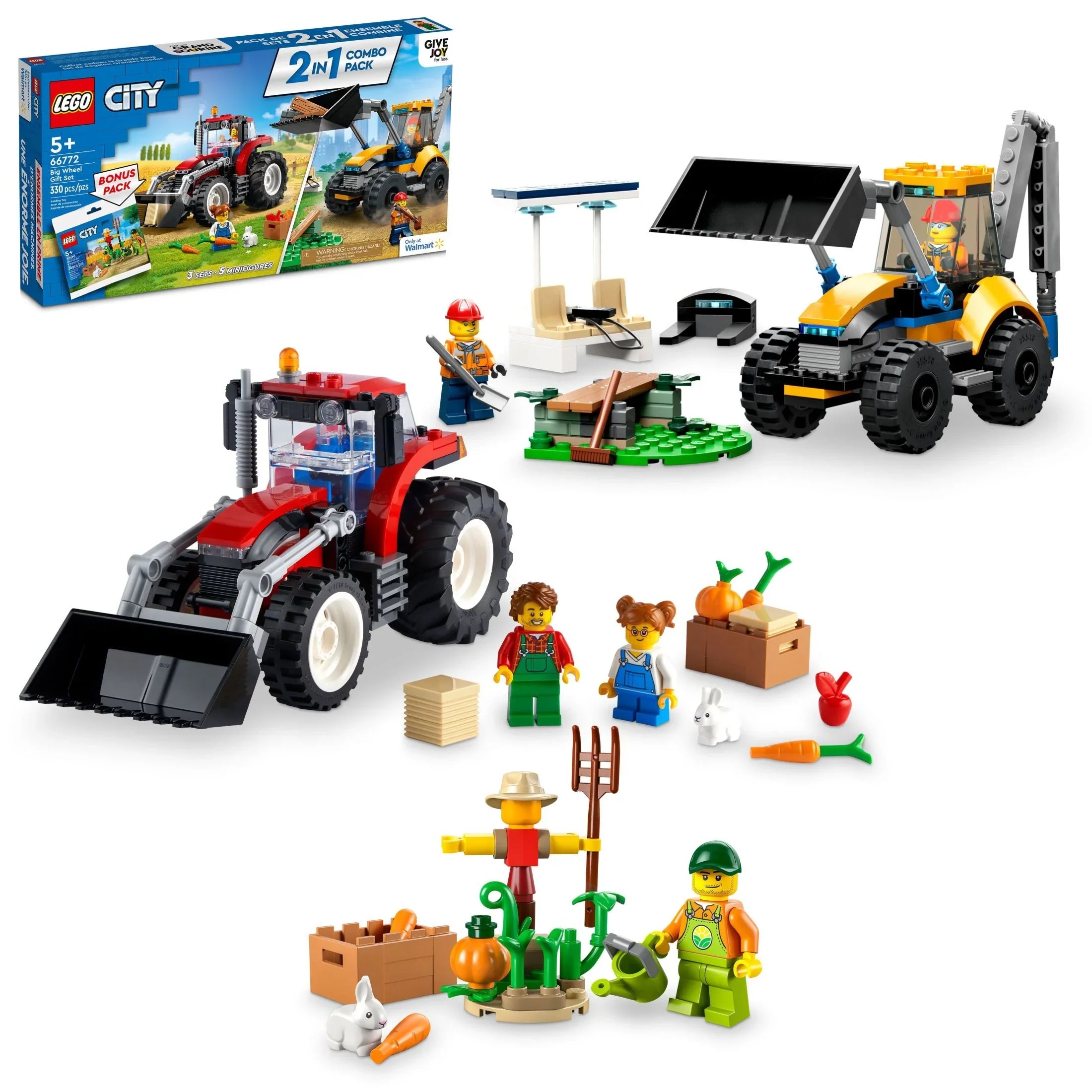 LEGO City Big Wheel Gift Set, 2in1 Tractor and Construction Digger Building Toy Sets Plus Farm Garden & Scarecrow Bonus Pack, Outstanding Gift for Boys and Girls Ages 5 and up, 66772