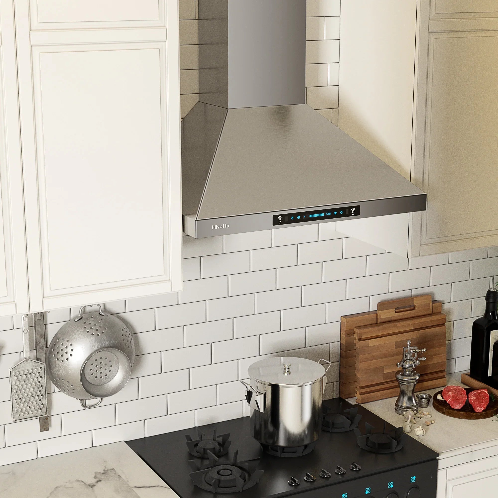 HisoHu Wall Mount Kitchen Hood Range Hoods with Ducted/Ductless Convertible Duct, 36 Inch 780 CFM Stainless Steel Vent Hood, 4 Speed Gesture Sensing Exhaust Hood with Dimmable LED lights(A02-36")
