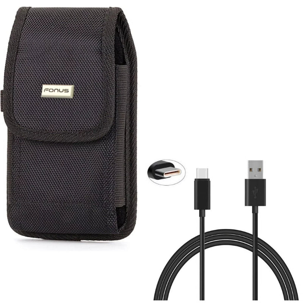 Rugged Canvas Case Vertical Belt Holster w Black 6ft Long Type-C USB Cable w Turbo Charging Sync Wire Fast Charger Y1Y for Acer Liquid Jade Primo - Alcatel 7, Idol 4S - ASUS ROG Phone