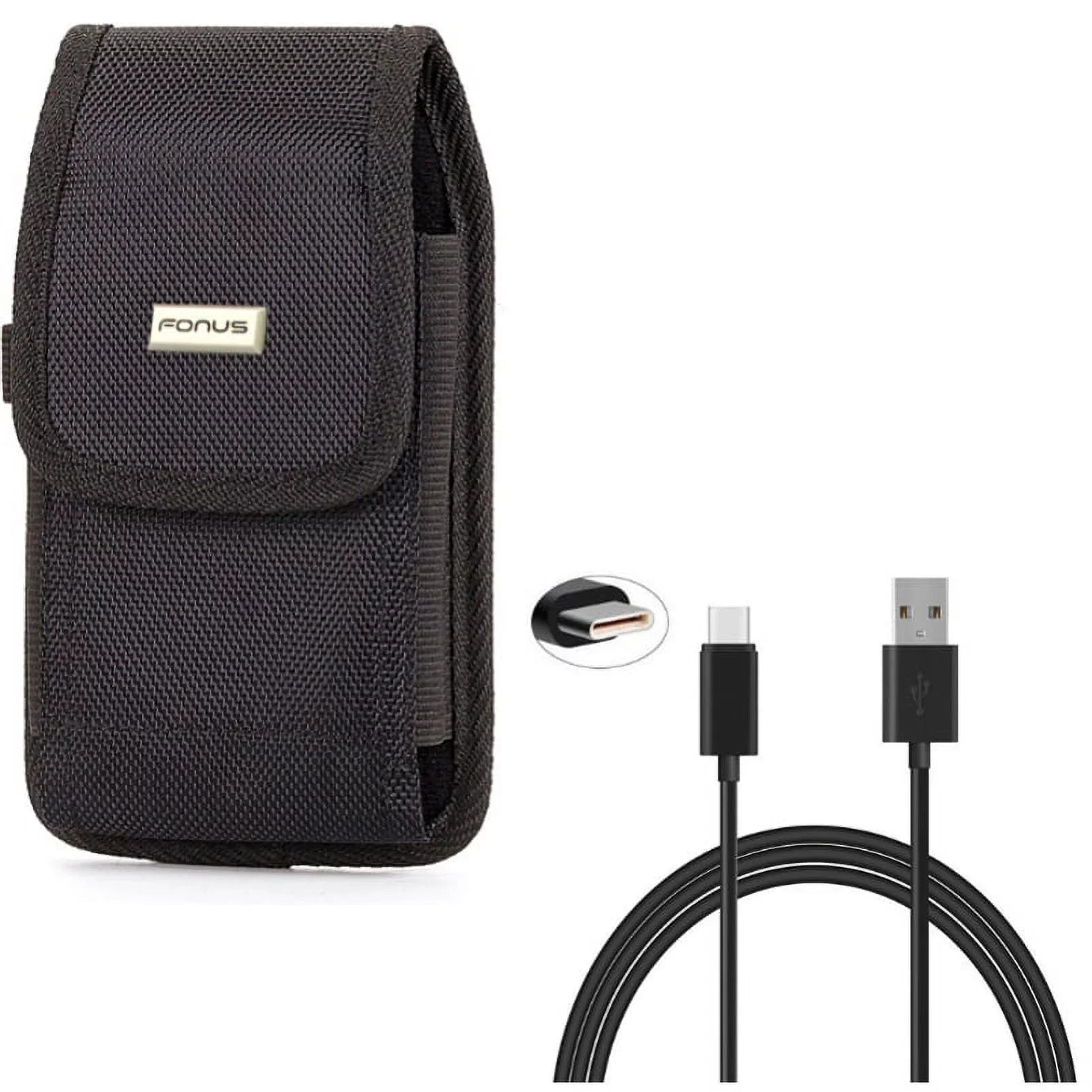 Rugged Canvas Case Vertical Belt Holster w Black 6ft Long Type-C USB Cable w Turbo Charging Sync Wire Fast Charger Y1Y for Acer Liquid Jade Primo - Alcatel 7, Idol 4S - ASUS ROG Phone