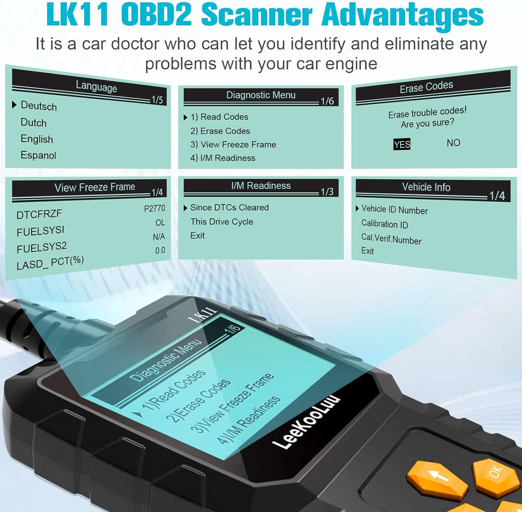 OBD2 Scanner Clear Reset Engine Alert Code - Plug and Play Easy to Setup Use Professional Code Reader Scan Diagnostic for Cars Since 1996 with Freeze Frame/I/M Readiness - LeeKooLuu LK11