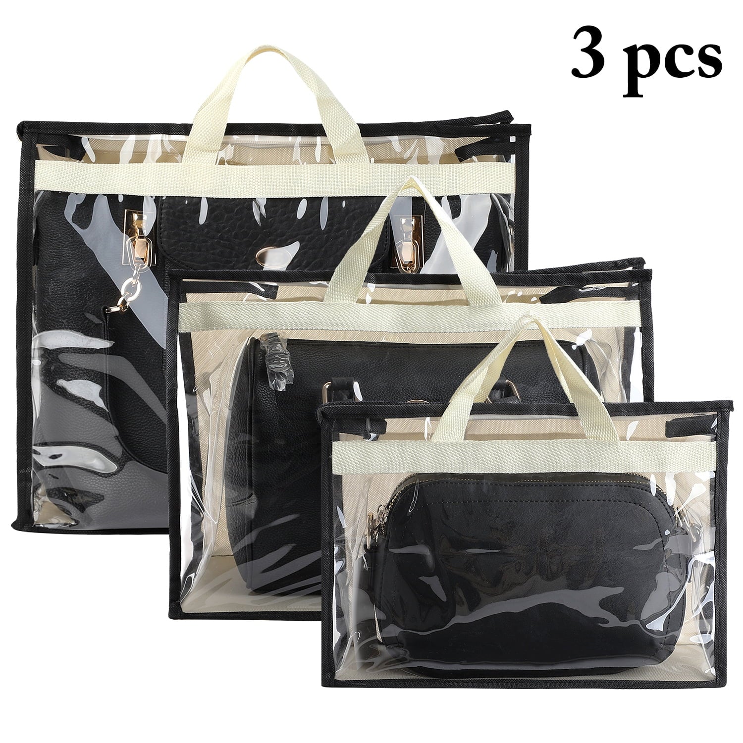 3 Pcs Dust Bags for Handbags, Clear Handbag Storage, Purse Storage Organizer for Closet, Purse Protection Hanging Closet Organizer with Zipper and Handles