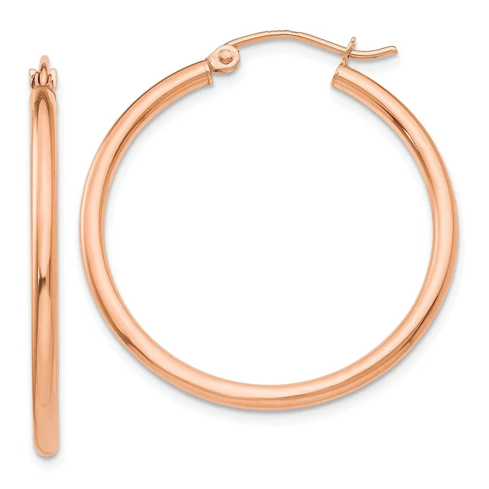 Real 14kt Rose Gold Polished 2mm Lightweight Tube Hoop Earrings; for Adults and Teens; for Women and Men