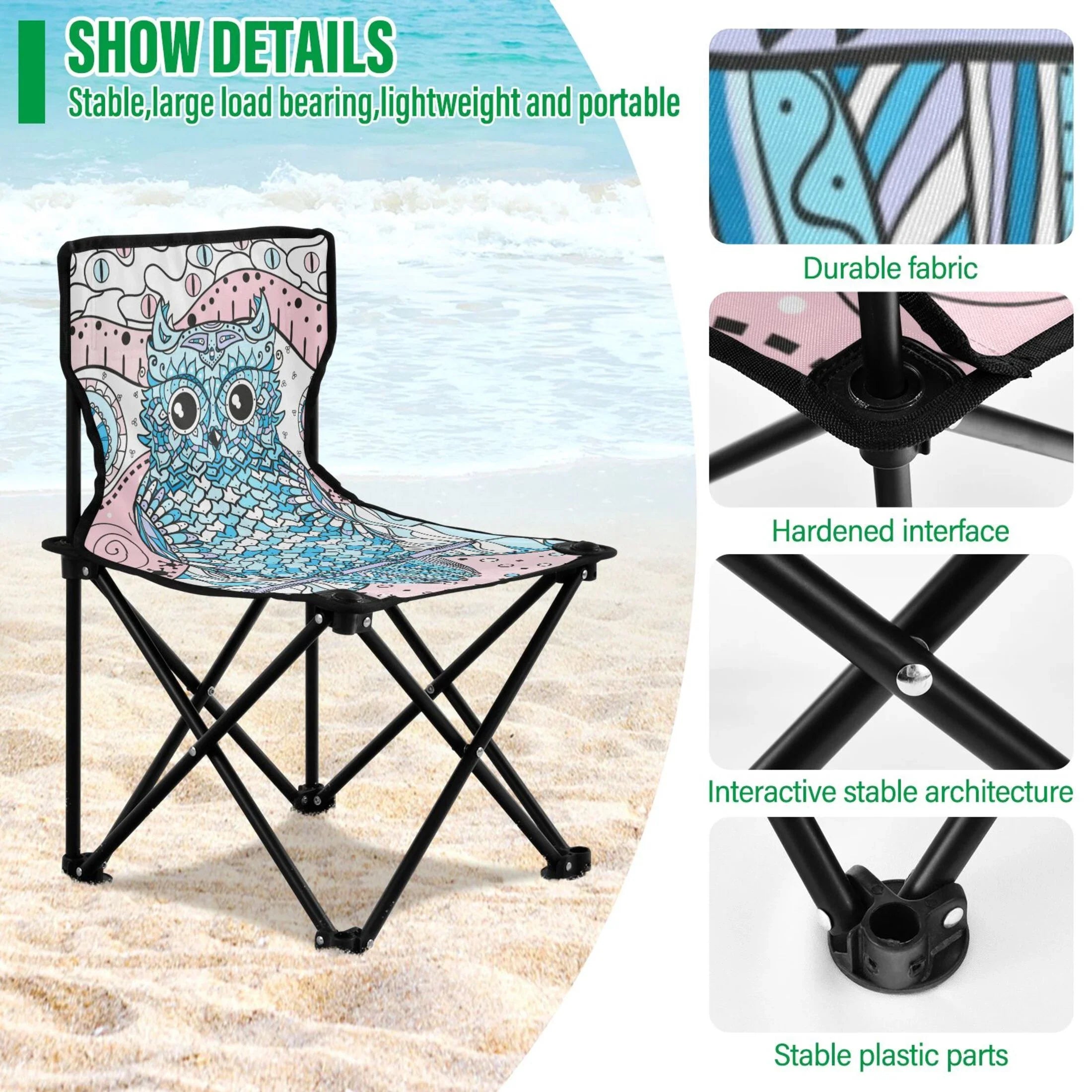 Mandala Abstract Owl Portable Camping Chair Small for Kids Outdoor Folding Beach Chair Fishing Chair Lawn Chair with Carry Bag