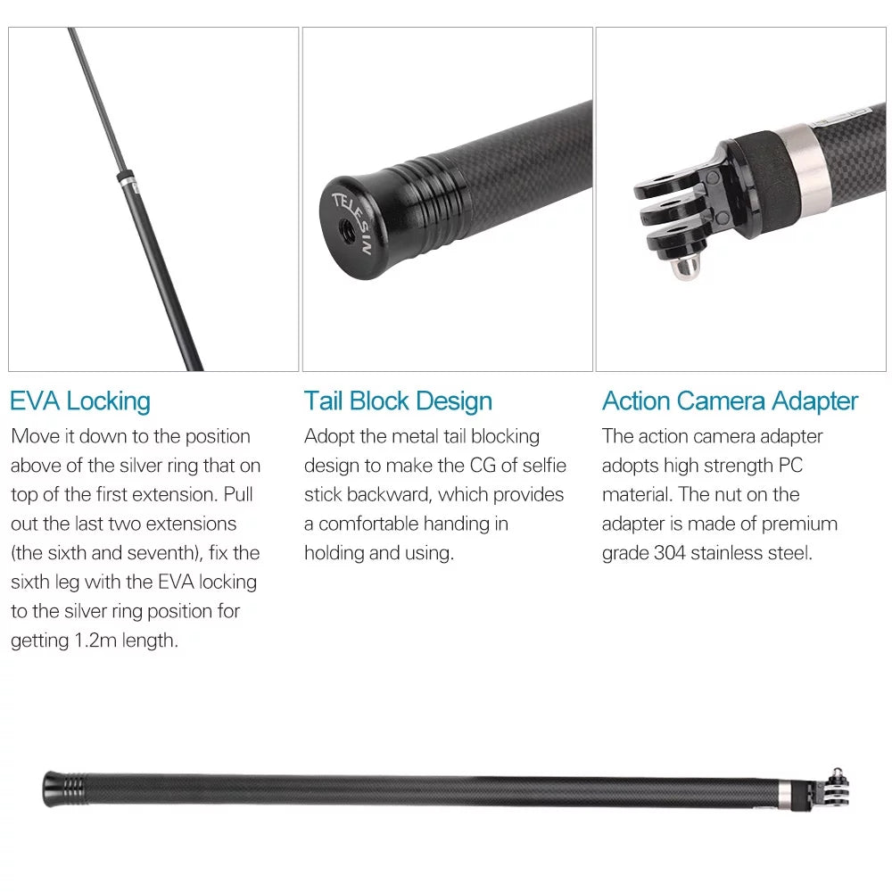 2.7M106 Inch Ultra Long Carbon Fiber Selfie Stick Lightweight Extendable Handheld Pole Monopod Replacement for GoPro Hero 11109876Hero 5 Black(2018) Replacement for One R OSMO Action