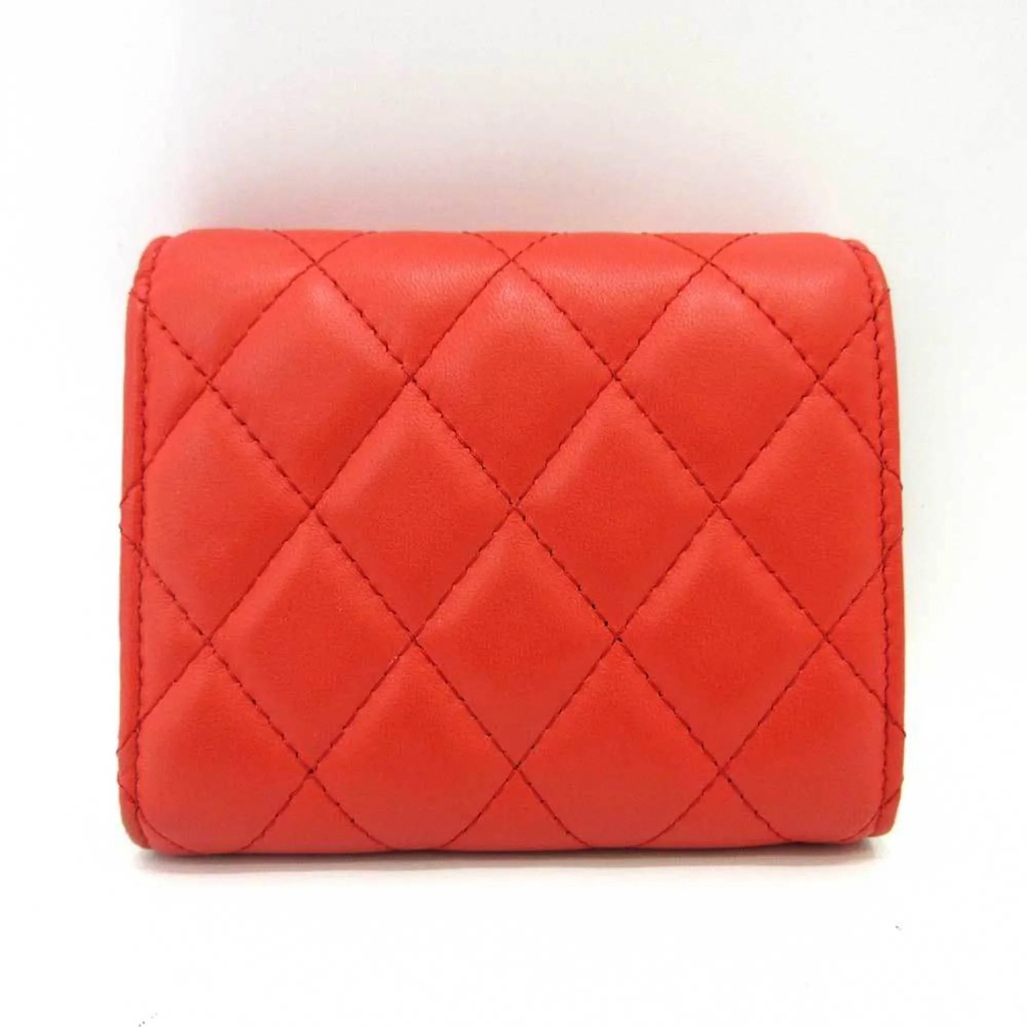Pre-Owned Chanel Wallet Small Orange Red Series Silver Metal Fittings Mini Trifold Matelasse Women's Lambskin CHANEL (Good)