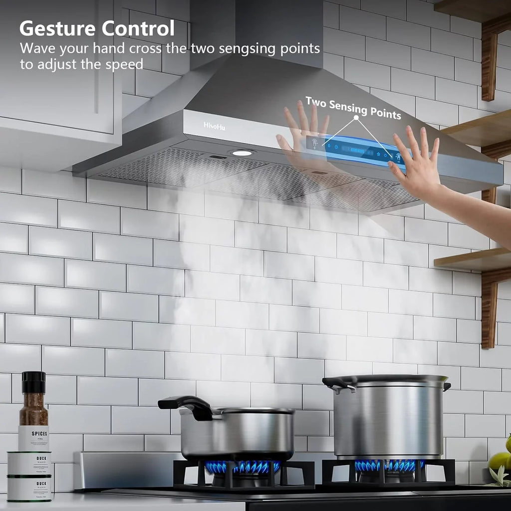 HisoHu Range Hoods 36 Inch Wall Mount, 780 CFM with Ducted Convertible Ductless (Kit Included), 4 Speed Gesture Sensing&Touch Control Panel, Stainless Steel Kitchen Vent (36 Inch)