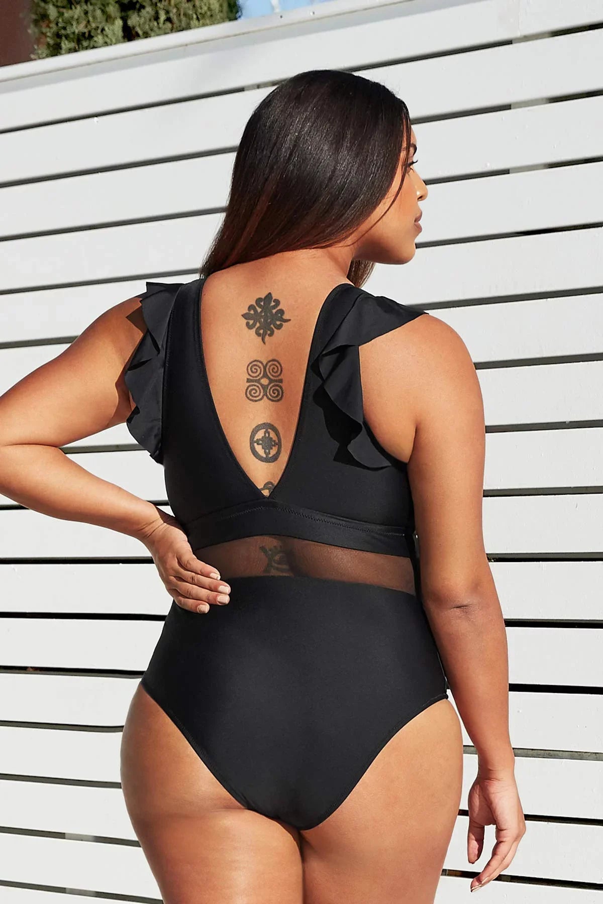 Cupshe Women's Plus Size One Piece Black V Neck Ruffle Mesh Bathing Suit, XXXXL