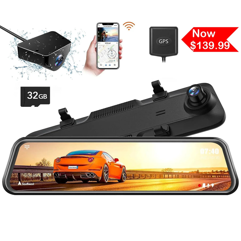WOLFBOX Rear View Mirror Camera, 2.5K Front and 1080P Rear Camera, 12'' Mirror Dash Cam with Night Vision, Built-in Wi-Fi GPS, Parking Monitor, Free 32GB Card