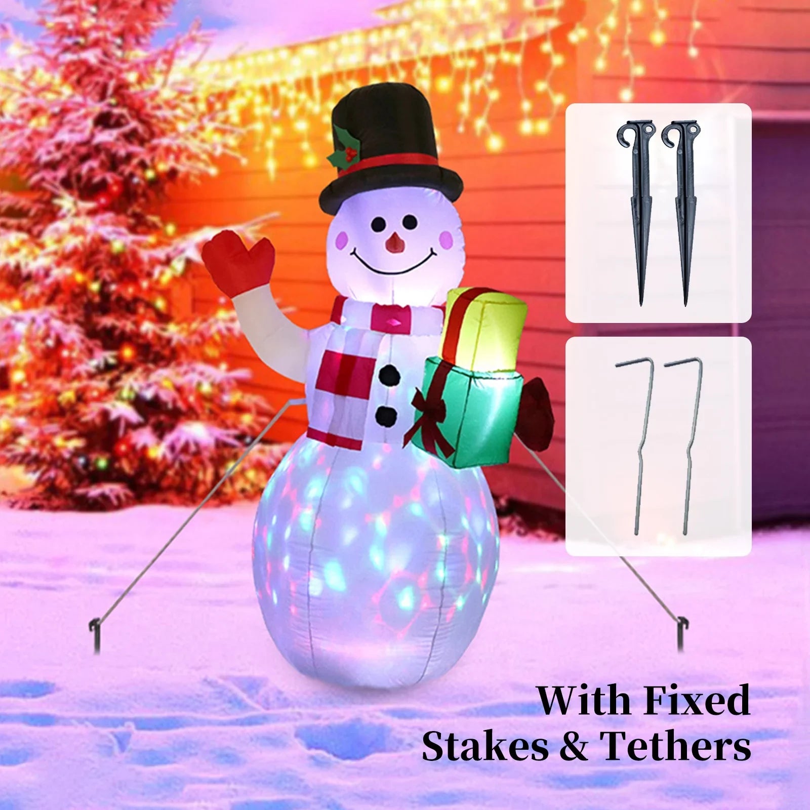 5FT Christmas Inflatables Snowman Shaped Rotating Colored Blow Up Xmas Inflatable Props With Fixed Stakes Tethers for Outdoor Garden Yard Party Decoration