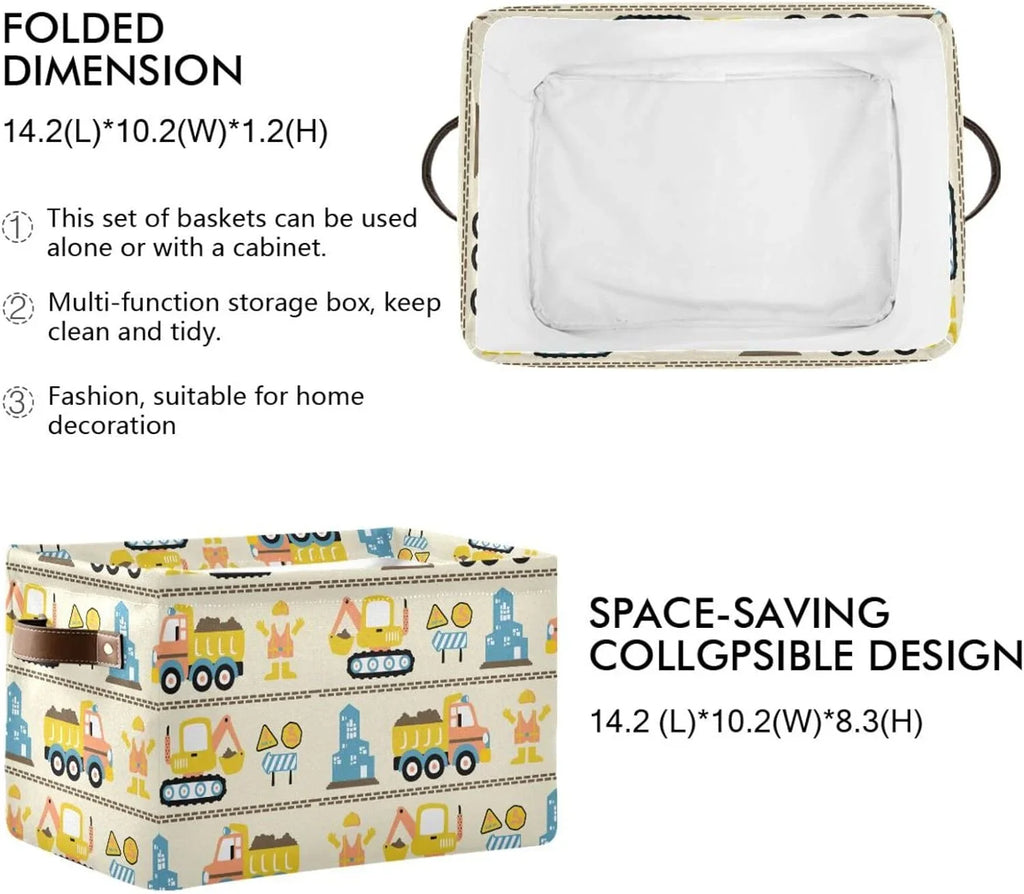 Coolnut Cartoon Construction Truck Storage Basket, Long-lasting Canvas Organizer With Handles Large Collapsible Storage Bins Boxes for Home Office - 2 Pack