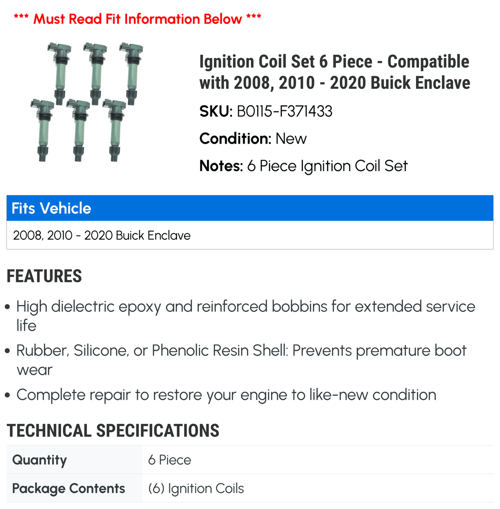 Ignition Coil Set 6 Piece - Matching with 2008, 2010 - 2020 Buick Enclave 2011 2012 2013 2014 2015 2016 2017 2018 2019