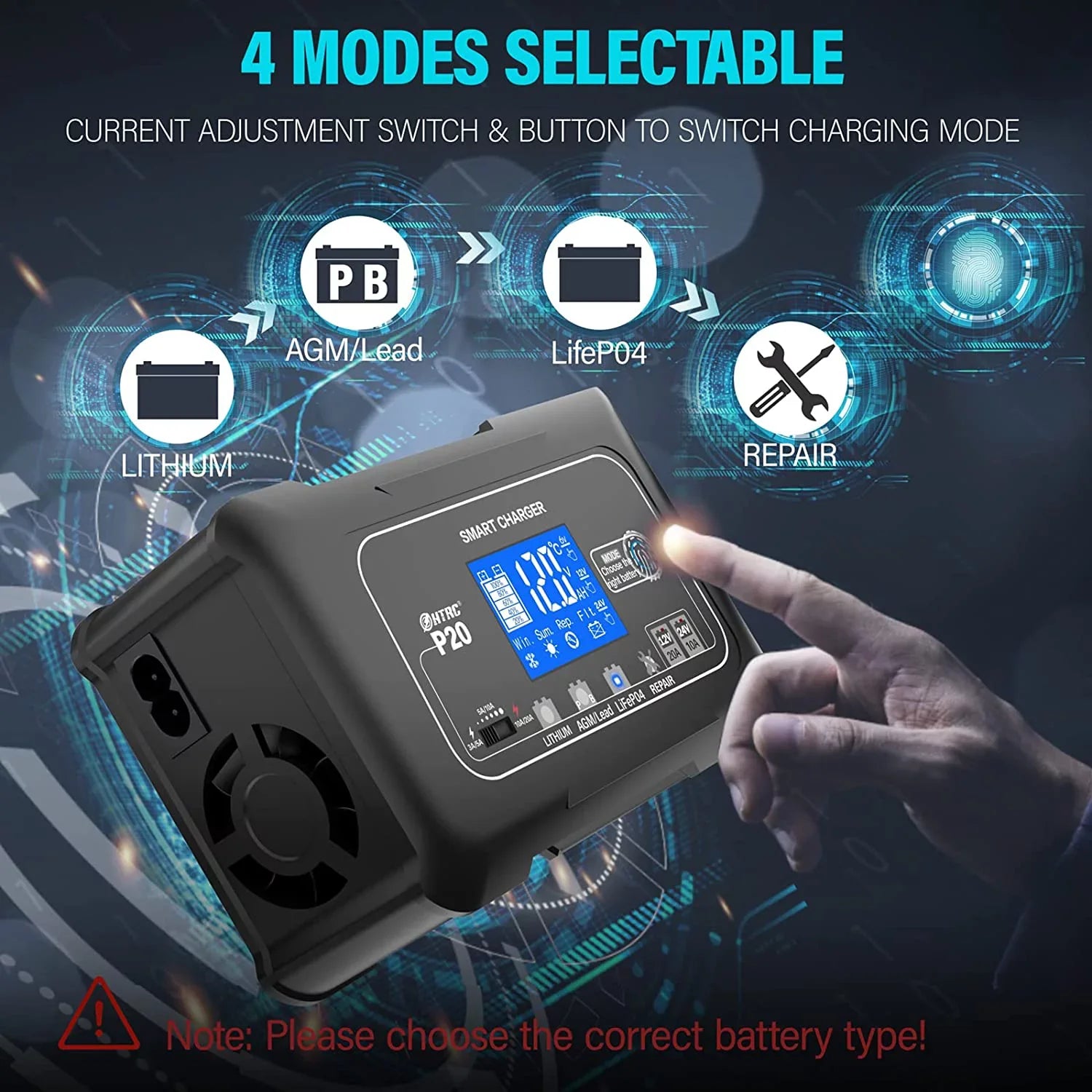 OIEXI 20-Amp Smart Battery Charger,Lithium,LiFePO4,Lead-Acid,Portable Car Battery Charger,Trickle Charger,Maintainer/Deep Cycle Charger,12V/20A and 24V/10A Adjustable,for Vessel Mower,Golf Cart..